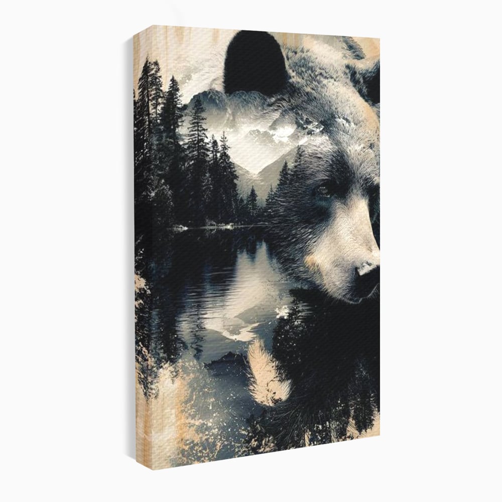 Tablou canvas cu tablou canvas cu urs si peisaj montan, fara rama, pe sasiu de lemn